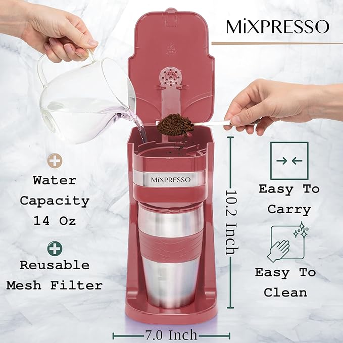 Mixpresso Red Personal Single Serve Coffee Maker with 14oz Travel Mug Drip Small Coffee Maker with Auto Shut Off Reusable Filter Works with Ground Coffee Only – Not for K-Cup Pods