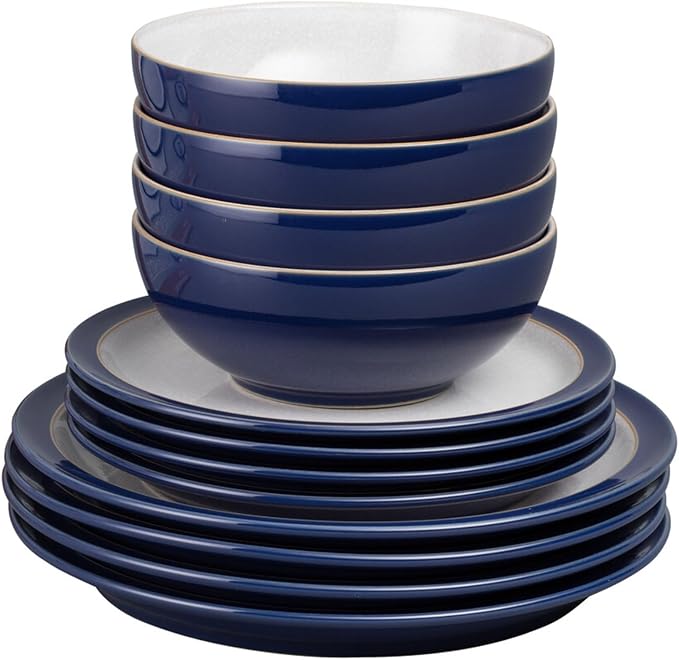 Denby Elements Dark Blue Dinner Set - 4/12 Piece Ceramic Tableware - Dishwasher &amp Microwave Safe - 4 Dinner Plates 4 Medium Plates 4 Cereal Bowls