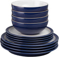 Denby Elements Dark Blue Dinner Set - 4/12 Piece Ceramic Tableware - Dishwasher &amp Microwave Safe - 4 Dinner Plates 4 Medium Plates 4 Cereal Bowls