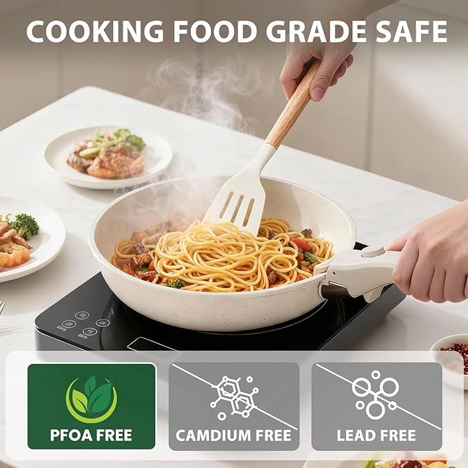 Nonstick Ceramic Cookware Set 20-Piece - Pots and Pans Set with Detachable Handle - RV Stackable Kitchen Cooking Set Induction/Dishwasher/Oven Safe with Frying Cream White