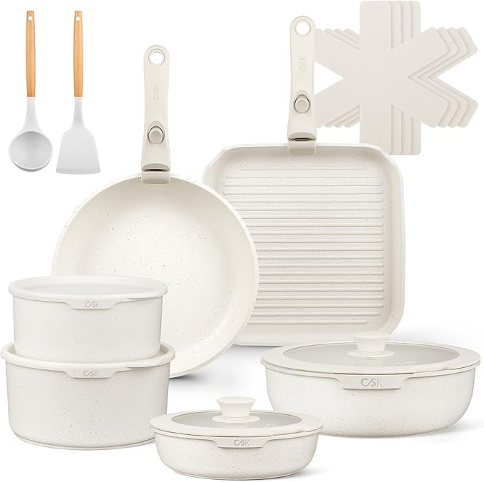 KOCH SYSTEME CS 18 PCS Pots and Pans Set Nonstick Cookware Set Detachable Handle Induction Kitchen Cookware Sets Non Stick with Removable Handle RV cookware set White