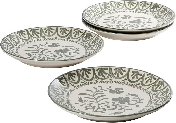 Bloomhouse - 2-Time Oprah’s Favorite Things - Valencia Flor 4 Piece 10.75” Dinner Plate Set Stoneware Plates Mediterranean Floral Decal Design Microwave &amp Dishwasher Safe Fern Green