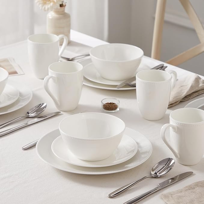 Silvanest16 Piece Bone China Dinnerware Set Embossed Plates Bowls Chip-Resistant Lightweight Elegant and Durable Service for 4 White