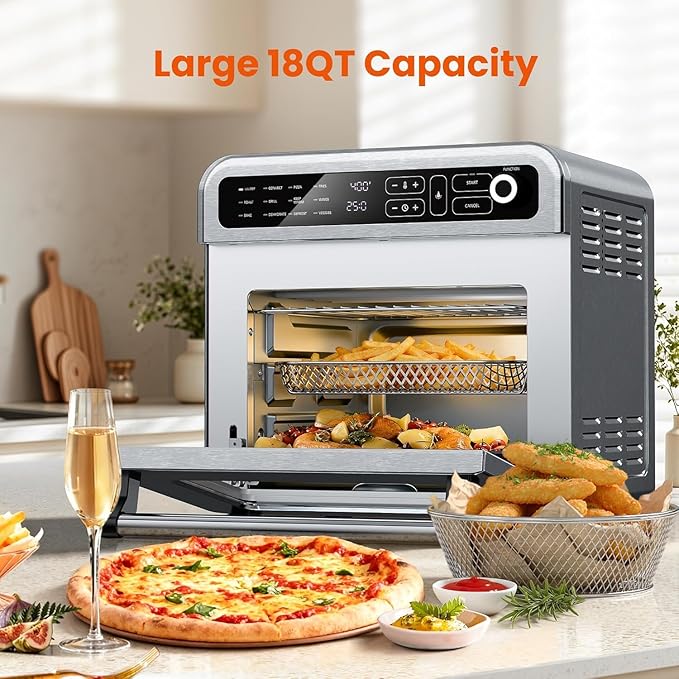 18QT Air Fryer Toaster Oven Combo12-in-1 Large Convection Airfryer Oven with 70–450℉ Temperature Control &amp 60-Minute TimerRoast &amp Broil Fits 8-10″ PizzaStainless Steel (Silver)