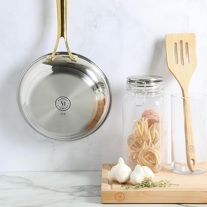 Martha Stewart Castelle 9.5-Inch Stainless Steel Frying Pan with Gold-Tone Handle – Tri-Ply Encapsulated Bottom Oven Safe &amp Induction Safe Skillet for Searing and Sautéing