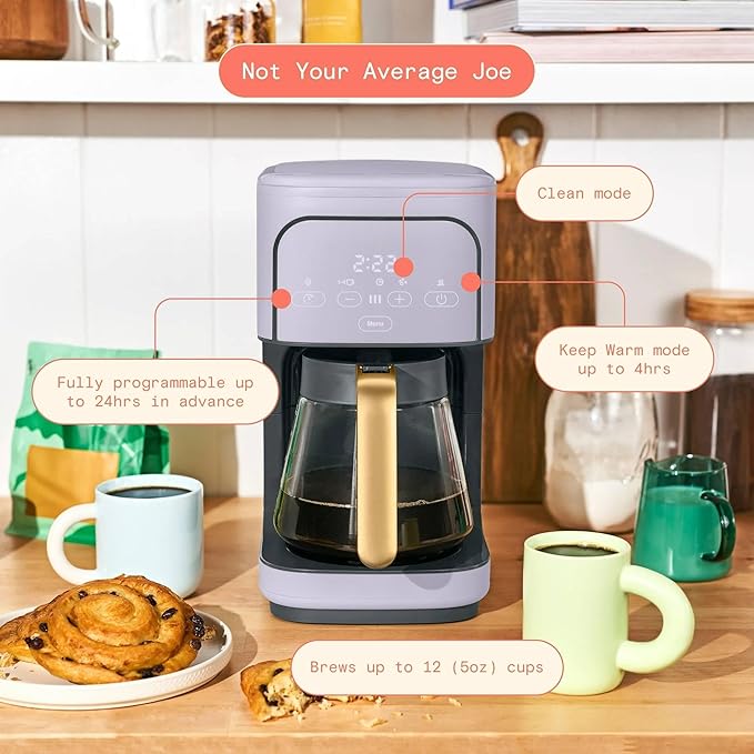 12 Cup Programmable Coffee Maker with Glass Carafe Reusable Filter and Touch Display (Lavender)