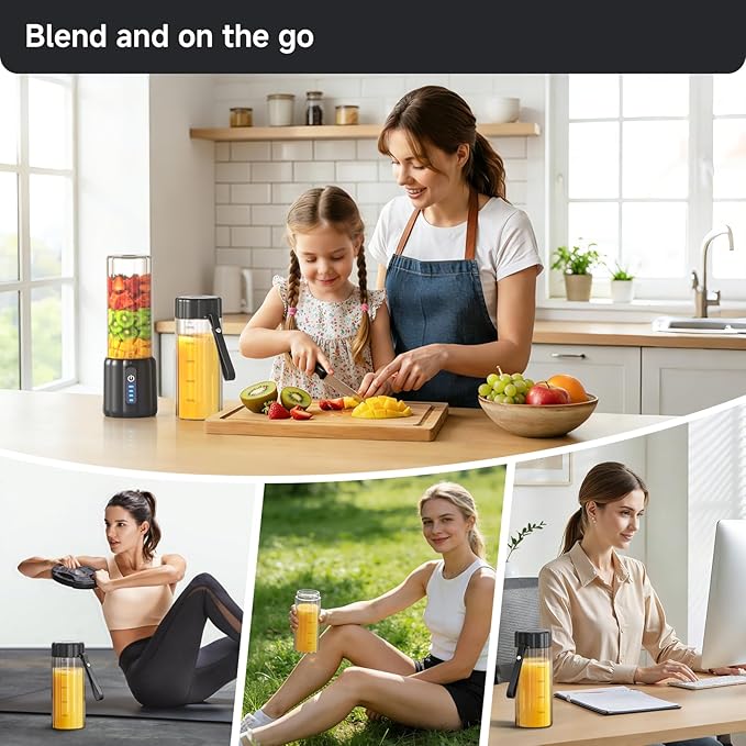 Portable Blender Small Smoothie &amp Shake Maker with 6 Blades USB-C Rechargeable Personal Blender with LED Display Travel-Friendly Mini Juicer Cup for Home Office Gym Outdoor 17oz Black
