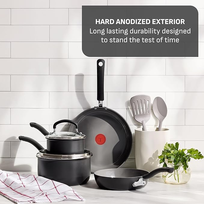 T-Fal Ultimate Hard Anodized Ceramic Nonstick 8 Piece Cookware Set Oven Safe Up to 400°F Dishwasher Safe Pots and Pans Set Includes Frying Pans Saucepan Cooking Utensils Grey