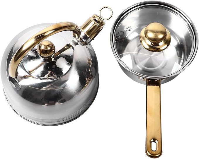 12pcs Stainless Steel Pots and Pans Set Non Stick Kitchen Cookware with Lids Golden Handles and Spout Even Heat Distribution Include Milk Pot Sauce Pot Frying Pan and