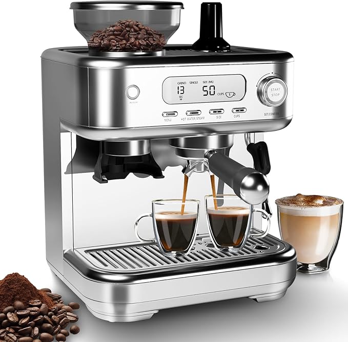 Espresso Machine 15 Bar Espresso Maker with Grinder and Steam Milk Frother Stainless Steel Coffee Machine with 78oz Removable Water Tank for Cappuccino Latte