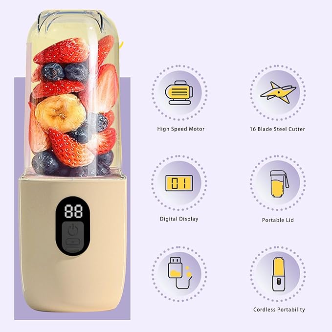 Pssopp Travel Mini Juicer Cup 20800RPM High Power USB Rechargeable Portable Cordless Fruit Mixer Blender with Lid for Office Home(40W 500ml)