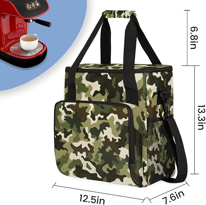 Classic Camouflage Coffee Maker Travel Bag for Keurig K-Mini/K-Mini Plus Insulated Waterproof Tote with Pockets for K-Cup Portable Single-Serve Brewer Case