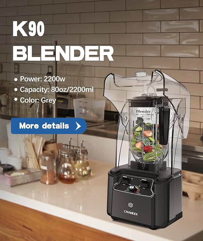 CRANDDI Quiet Commercial Blender with Soundproof Shield 2200 Watt Professional Blenders for Kitchen with 80oz Pitcher and Self-Cleaning High-Speed Blenders K90 Grey