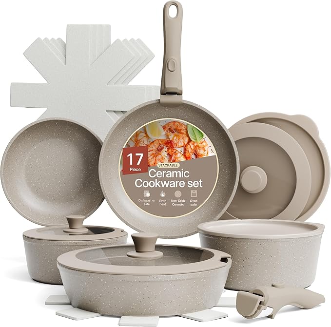 Bakken 17-Piece Ceramic Coated Aluminum Cookware Set Nonstick Pots and Pans with Lids Silicone Cooking Utensils &amp Oven Mitts All Stovetop Safe Up To 500°F PTFE &amp PFAS Free Dishwasher Safe
