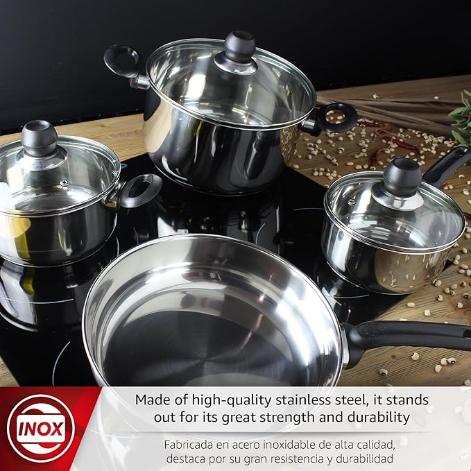 MAGEFESA Practika 7-Piece Stainless Steel Cookware Set Includes Stockpot Stew pot Saucepan Deep sauté Compatible with All Types of Stovetops Lids Included Dishwasher safe