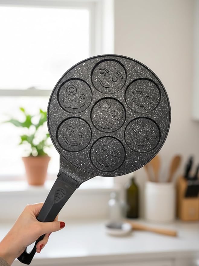 7-Piece Nonstick Granite Cast Iron Emoji Waffle and Pancake Pan Set