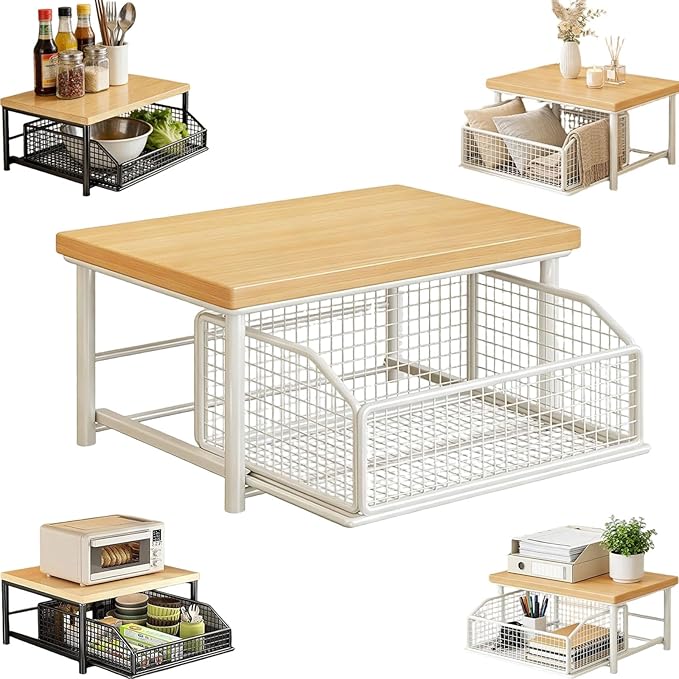 Kitchen Countertop Organizer with Drawer and Wire Basket 2-Tier Hardwood Shelf Space-Saving Storage for Microwave Coffee Maker Toaster Kitchenware (Monolayer-White)