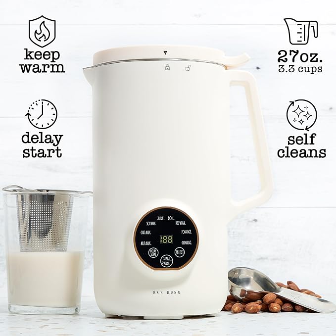 Rae Dunn 8-in-1 Nut &amp Plant Milk Maker – Almond Oat Soy &amp More – 800ml Cold / 700ml Hot – Automatic Delay Start Self-Clean – Includes Stirrer Measuring Cup &amp Brush Cream