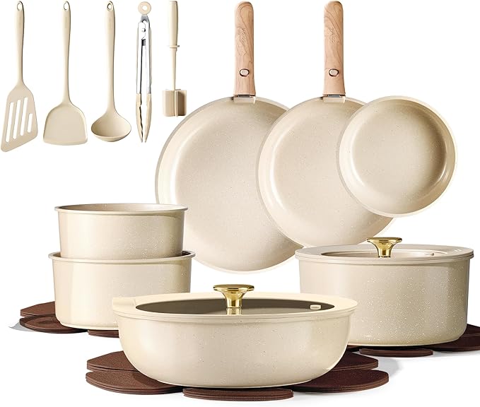 CAROTE 22PCS Pots and Pans set Non Stick Ceramic Cookware Set RV Kitchen Cooking Set Removable Handles Oven Safe Induction Coolware Non-toxic Kitchen Cooking Set PFAS and PFOA Free
