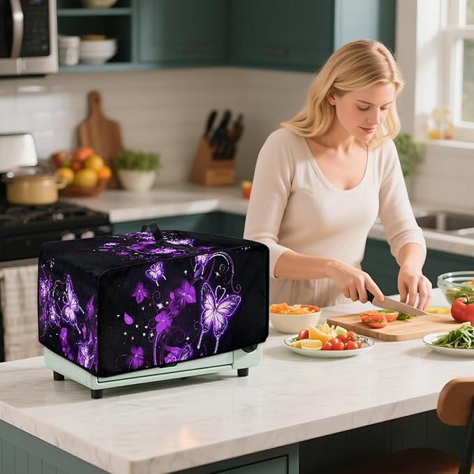 Butterfly Print Toaster Oven Air Fryer Cover for Kitchen Counter Decorative Wide Slot Toaster Cover Dustproof Washable Kitchen Small Appliance Covers Black and Purple