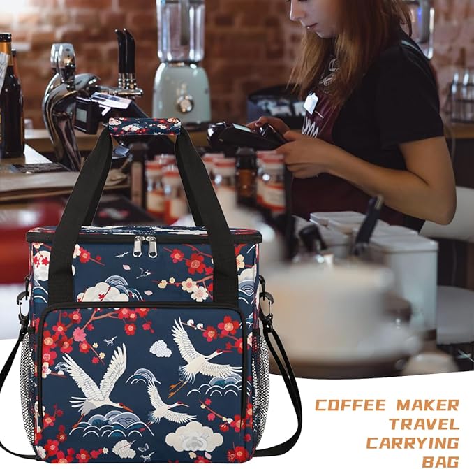Plum Blossom Crane Cloud Coffee Maker Carring Bag Travel Carrying Storage Tote Bag Compatible with Keurig K-Mini or K-Mini Plus Portable Single Serve Coffee Brewer Case with Pockets for K-cup Pods
