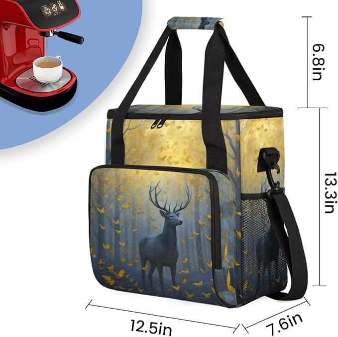 Forest Elk Coffee Maker Carrying Bag Retro Elk Portable Travel Storage Tote Bag Compatible with K-Mini or K-Mini Plus Single Serve Coffee Brewer Carrying Case with Multiple Pockets &amp Shoulder St