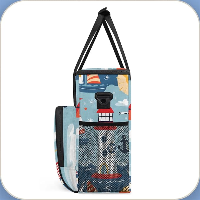 Cartoon Ship Lighthouse Coffee Maker Travel Bag for Keurig K-Mini/K-Mini Plus Insulated Waterproof Tote with Pockets Portable Single-Serve Brewer Case