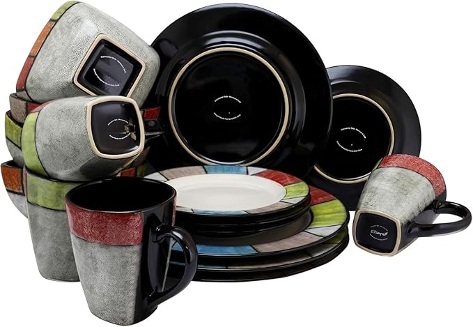Country Cottage 16-Piece Stoneware Dinnerware Set – Rustic Earth Tones Microwave &amp Dishwasher Safe