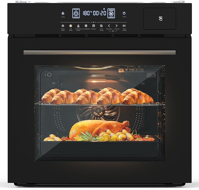 Built-in 24 Electric Wall Oven - 70L Volume 2.5Cu.ft 8 Cooking Functions including Air Fry 3000W Power 3D Surround Heating Technology Touch Control Panel Double-Layer Glass Door Modern Black D