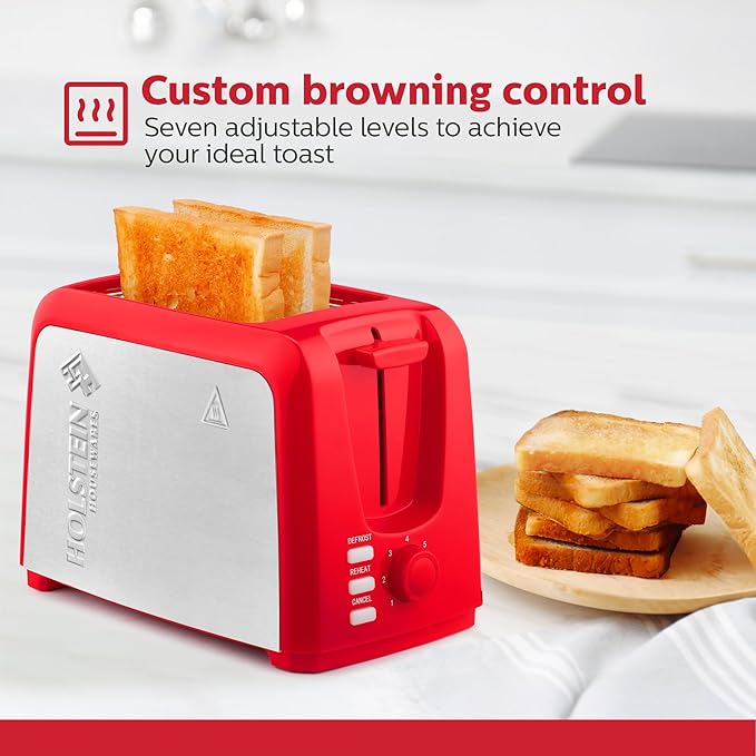 Holstein Housewares 2-Slice Toaster with 7 Browning Settings Extra-Wide Slots Reheat Defrost Cancel High-Lift Release Removable Crumb Tray – Compact Stainless Steel Red