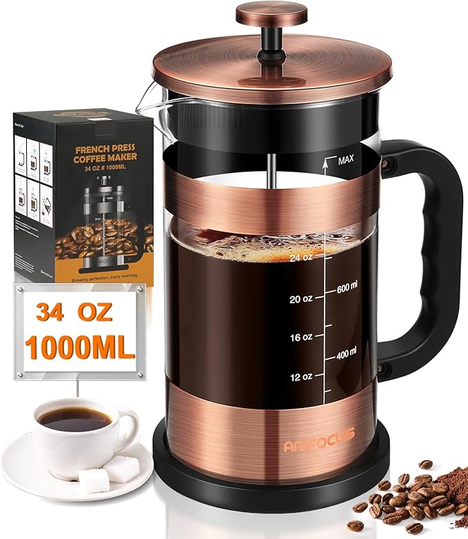 French Press Coffee Maker - 34 Ounce Classice Stainless Steel Coffee Press with 4-Level Filtration System Heat Resistant Thickness Borosilicate Glass French Press Coffee Pot for Camping Travel Gift
