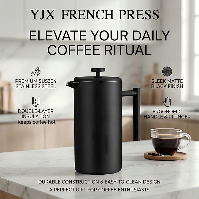 YJX 34oz Coffee Maker Stainless Steel French Press 1 Liter Camping Coffee Pot Tea Maker 34 Ounce Travel Coffee Presses Heat Resistant Double Insulated (Black)