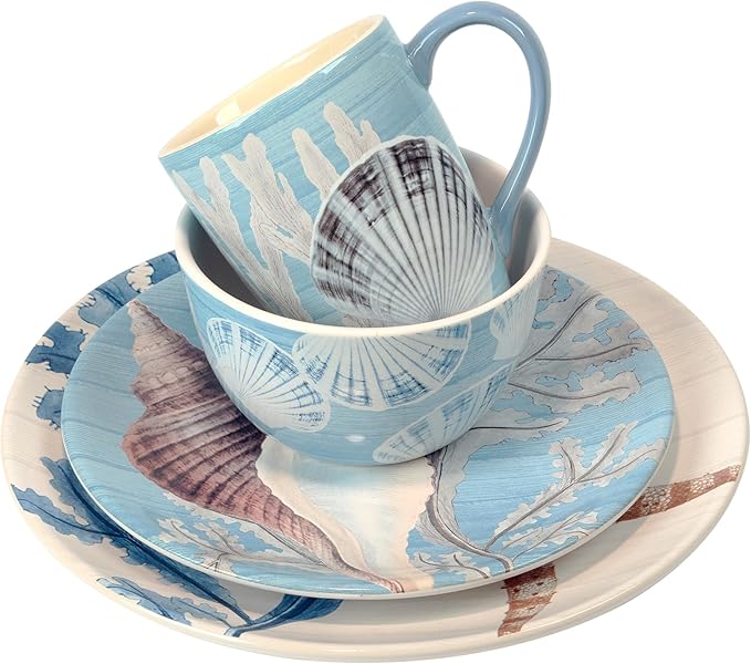 16-Piece Dinnerware Set Service for 4 Blue Brown White Coastal Modern Contemporary Round 16 Piece Dishwasher Safe Microwave