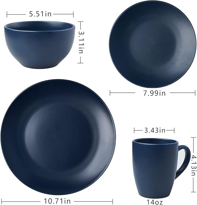 wocaxc16-Pieces Stoneware Dinnerware Set Kitchen Dinnerware Ceramic Crockery Set Dinner Service Set for 4 Include Dinner Plate Dessert Plate Cereal Bowl and Mug. (navy blue)