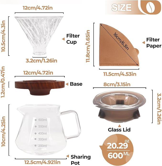 Pour Over Coffee Maker 600ml Borosilicate Glass Drip Coffeemaker Server Set with 100pcs V60 Cone Paper Filters Walnut Collar Glass Lid Clear Hand Brew Dripper Carafe for Home Camping Travel 20.3oz