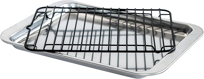 Nordic Ware Naturals 5 Piece Compact Pan Set Toaster Oven Counter Ovens Air Fryer and Broiler Safe Size for 1-2 Portions - Includes Rectangular Pan Muffin Pan Baking Sheet Broiling Rack and Lid