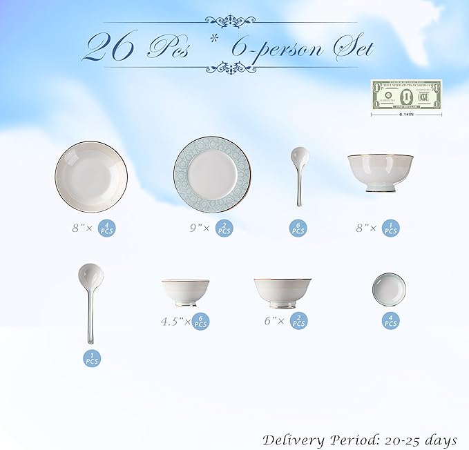Fine Bone China Dinnerware SetPorcelain&ampCeramic Dinnerware SetsBone Stoneware &amp Ceramic Cookware Tableware Set Includes Dinner Plates|Spoons|Pasta Bowls|Soup Pot|Chopsticks (26PCS * 6-Person