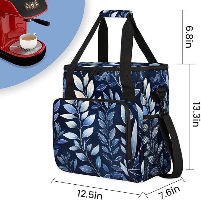 Leaves Print Coffee Maker Travel Bag for Keurig K-Mini/K-Mini Plus Insulated Waterproof Tote with Pockets for K-Cup Portable Single-Serve Brewer Case