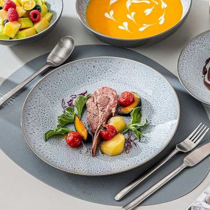 Sophisticatedly Crafted Gray 16 Piece Stoneware Dinnerware Set for 4 | Elegant Dual Glaze Finish With Glossy Interior &amp Matte Exterior | Highly Durable Dishwasher &amp Oven Safe | Pretty Smooth T