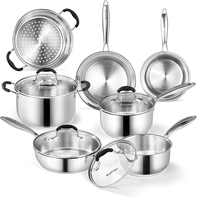 Stainless Steel Kitchen Cookware Set11 Piece Pots and Pans Set with SteamerHeat-resistant HandleNon-ToxicInductionOvenDishwasher Safe