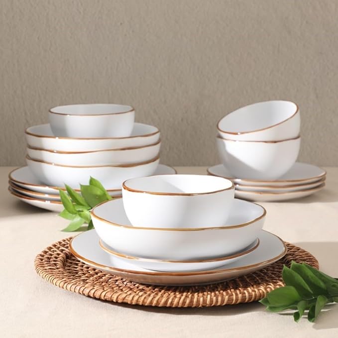 Gibson Home Hazeltine 16-Piece White Stoneware Dinnerware Set – Plates and Bowls Durable Ceramic Kitchen Dinner Set