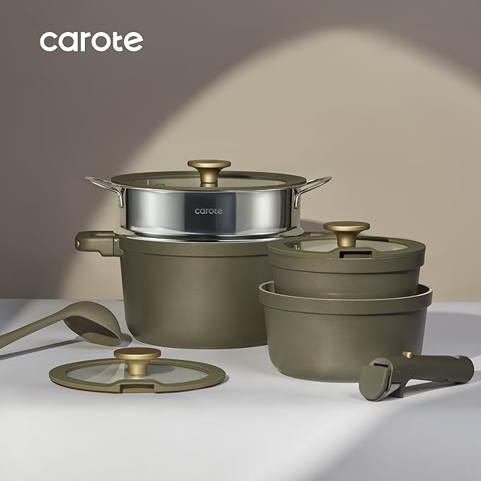 CAROTE Pots and Pans Set Nonstick Ceramic Cookware Set with Detachable Handles 5.5QT/3QT/2QT Non stick Stock Pot Non-toxic Induction Cookware PFAS and PFOA Free Olive Gree