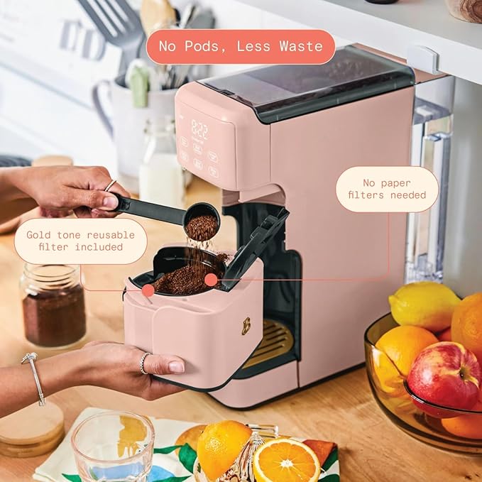 B - Perfect Grind Programmable Single-Serve Coffee Maker with Built-In Grinder Fresh Ground Brewing Touch Controls Reusable Filter Compact Countertop Design (Rose)