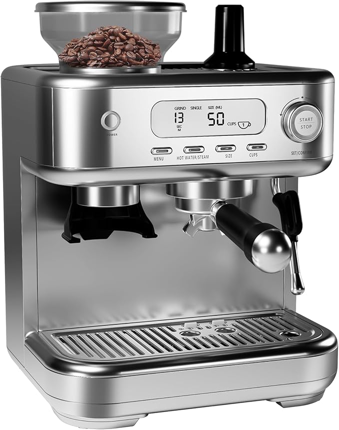 IDEALHOUSE Espresso Maker with GrinderMilk Frother 15 Bar Pump 15 Grind Settings Digital Display High Power Milk Frother Digital LCD Screen Stainless Steel Coffee Maker for Home and Office