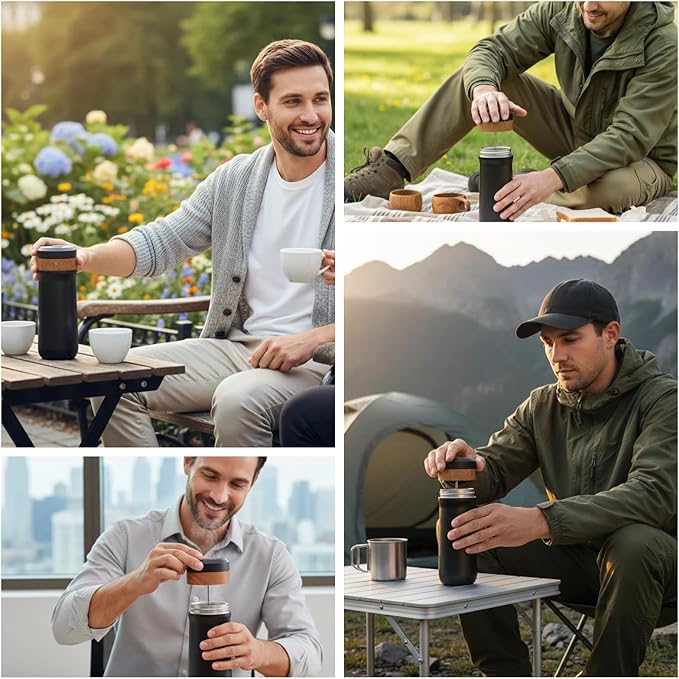 Portable French Press Coffee Maker Travel French Coffee Maker Stainless Steel Coffee Mug 12 oz Double Mesh Filter Great for Camping and Traveling