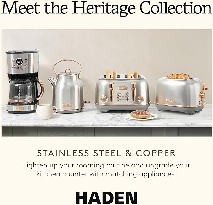 Haden Heritage 2 Slice Wide Slot Stainless Steel Toaster with Adjustable Browning Control &amp Non-Slip Feet Steel &amp Copper