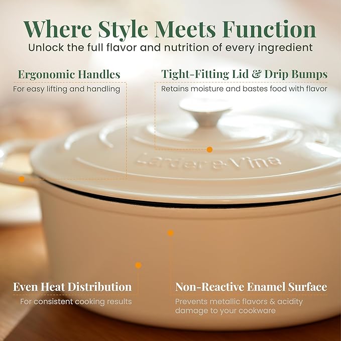 Larder &amp Vine Enameled Cast Iron 8 qt Dutch Oven Pot with Lid | Bread Baking | Compatible on All Cooktops &amp Oven Safe to 500° F | Great for Sourdough Bread | White
