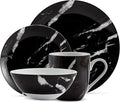 Safdie &amp Co. - Black Marble 16-Piece Dinnerware Set Porcelain Modern Dishwasher Safe