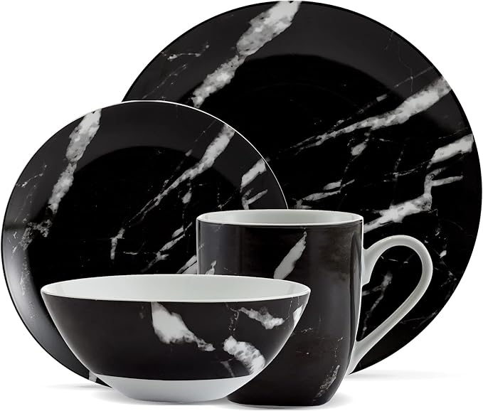 Safdie &amp Co. - Black Marble 16-Piece Dinnerware Set Porcelain Modern Dishwasher Safe