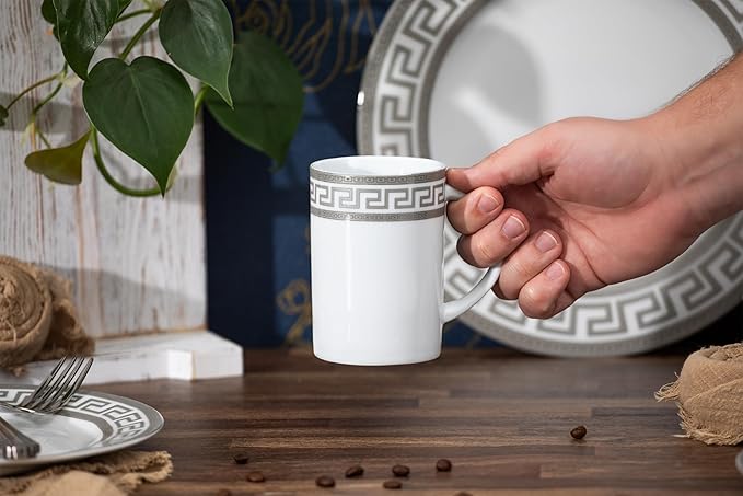 Porcelain Dinnerware Set for 1 - White and Silver Luxurious 4 Piece Greek Key Design - Elegant Dinner Plates with Mugs - Dining Kitchenware for Home Formal Occasions and Everyday Dishes